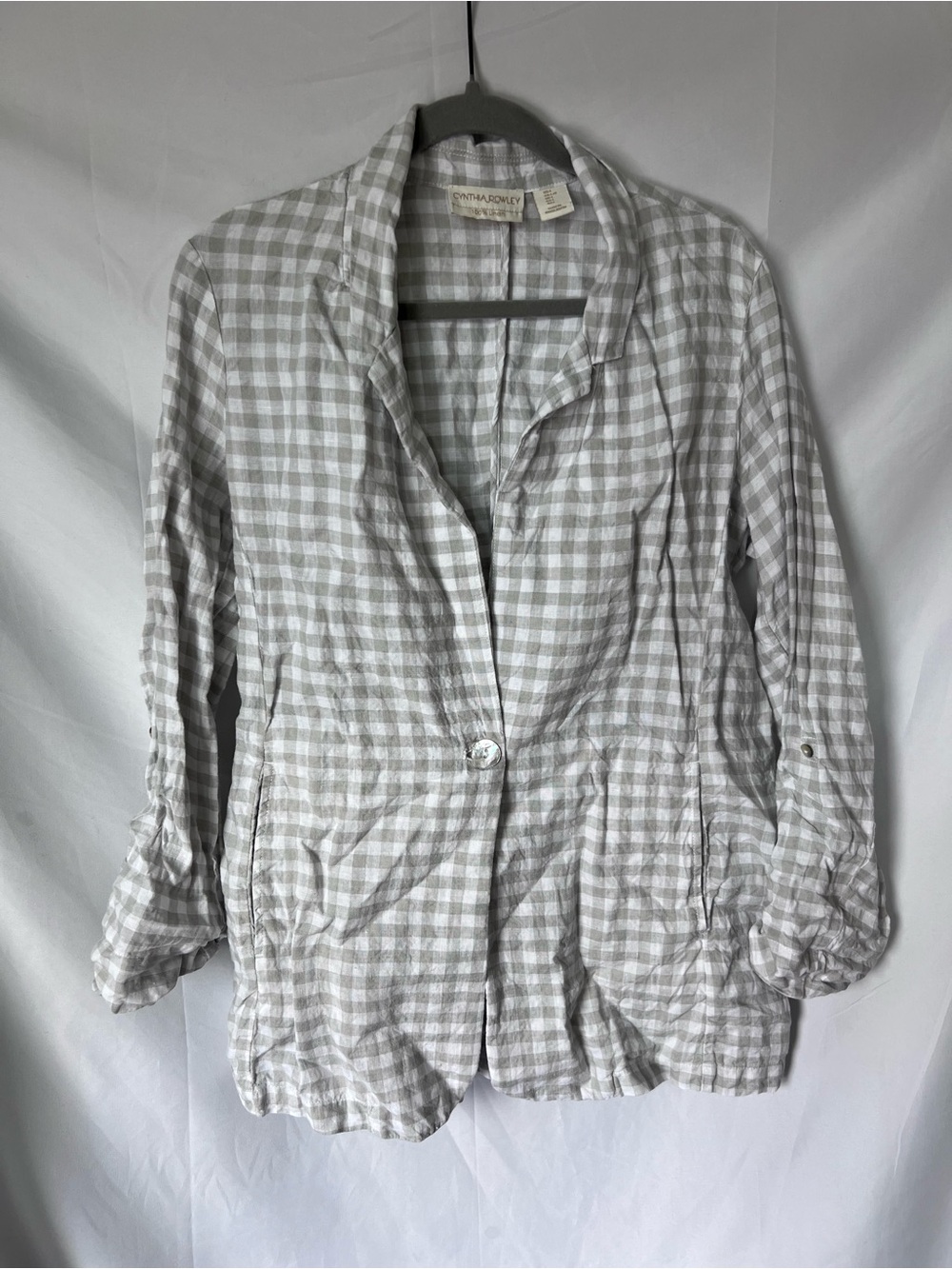 Women’s CYNTHIA ROWLEY 100% Linen Gingham 3/4 Sleeve Blazer